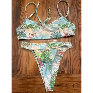 Skatie Blue Green Tropical Poipu Print Swimwear Two Piece Bikini Set Size Small